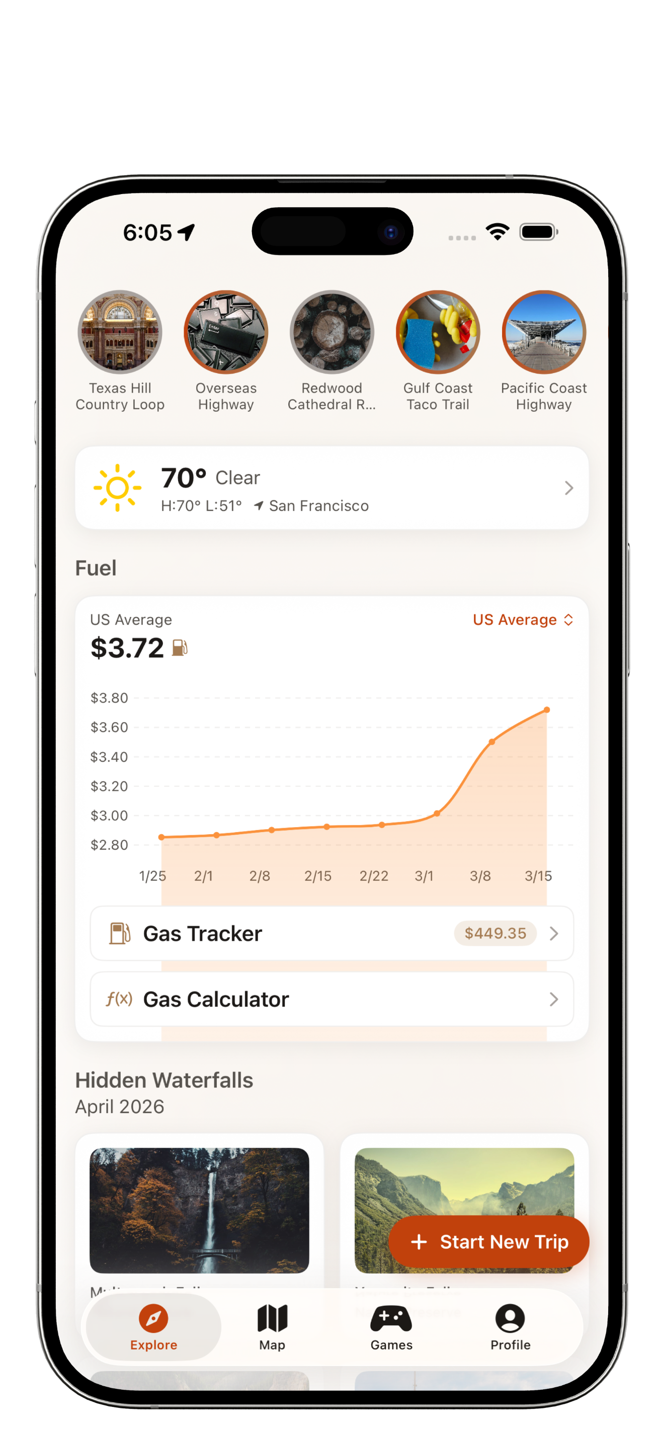 Road Trip app Explore tab showing weather, gas tracker, and trip stories