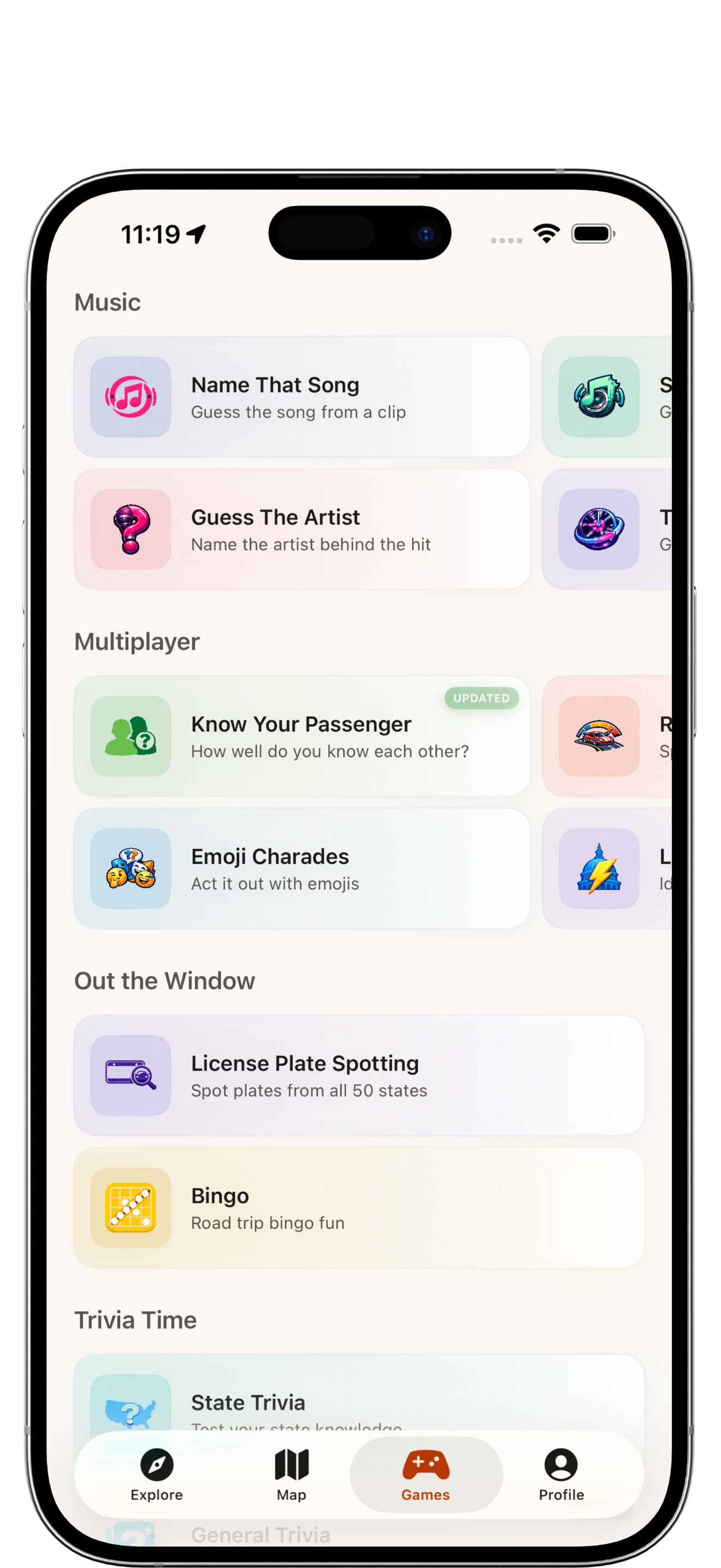 Road Trip car games including trivia, word games, and spotting games