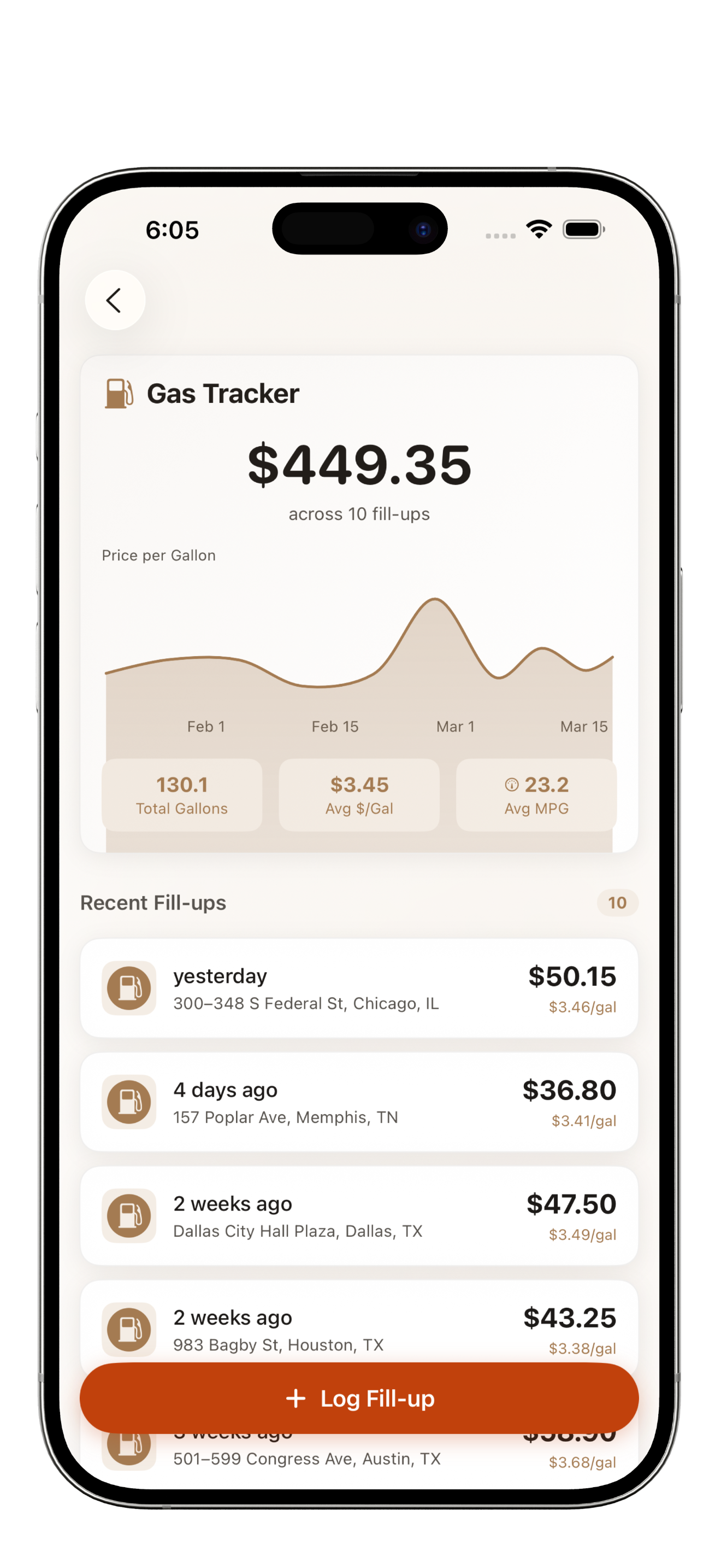 Gas tracker showing fuel expenses, price trends, and MPG stats