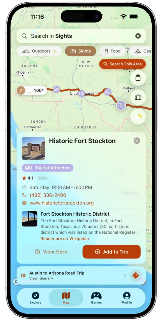 Interactive map showing points of interest along a road trip route